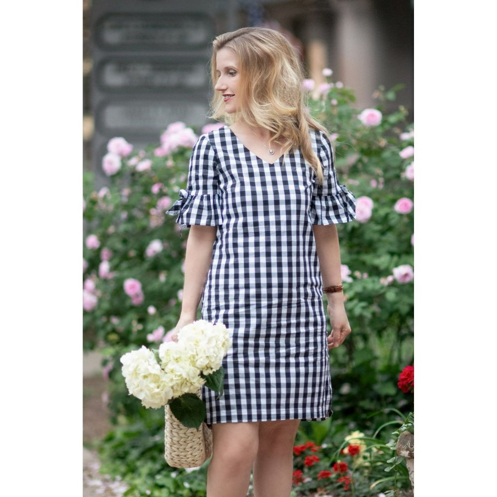 J. Crew | Black White Gingham Tie Sleeve V Neck Mini Knee Length Dress Medium M